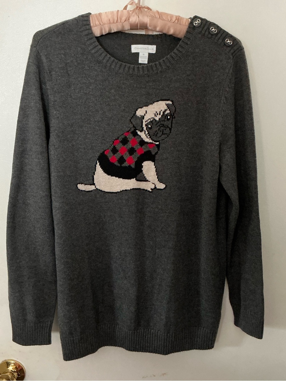 Charter Club Dark Gray Crewneck Sweater with Pug Intarsia